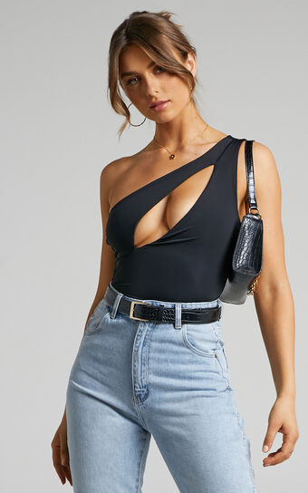 Shivya One Shoulder Cut Out Body Suit in Black