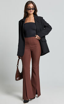 Volta Pants - Front High Waisted Split Boot Leg Kick Out Pants in Chocolate