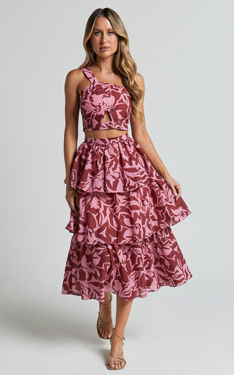 Lydie Two Piece Set - One Shoulder Top and Tiered Midi Skirt Set in Whirlwind Floral Print