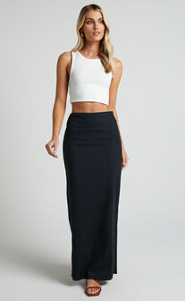 Vance Maxi Skirt - Linen Back Split Skirt in Black