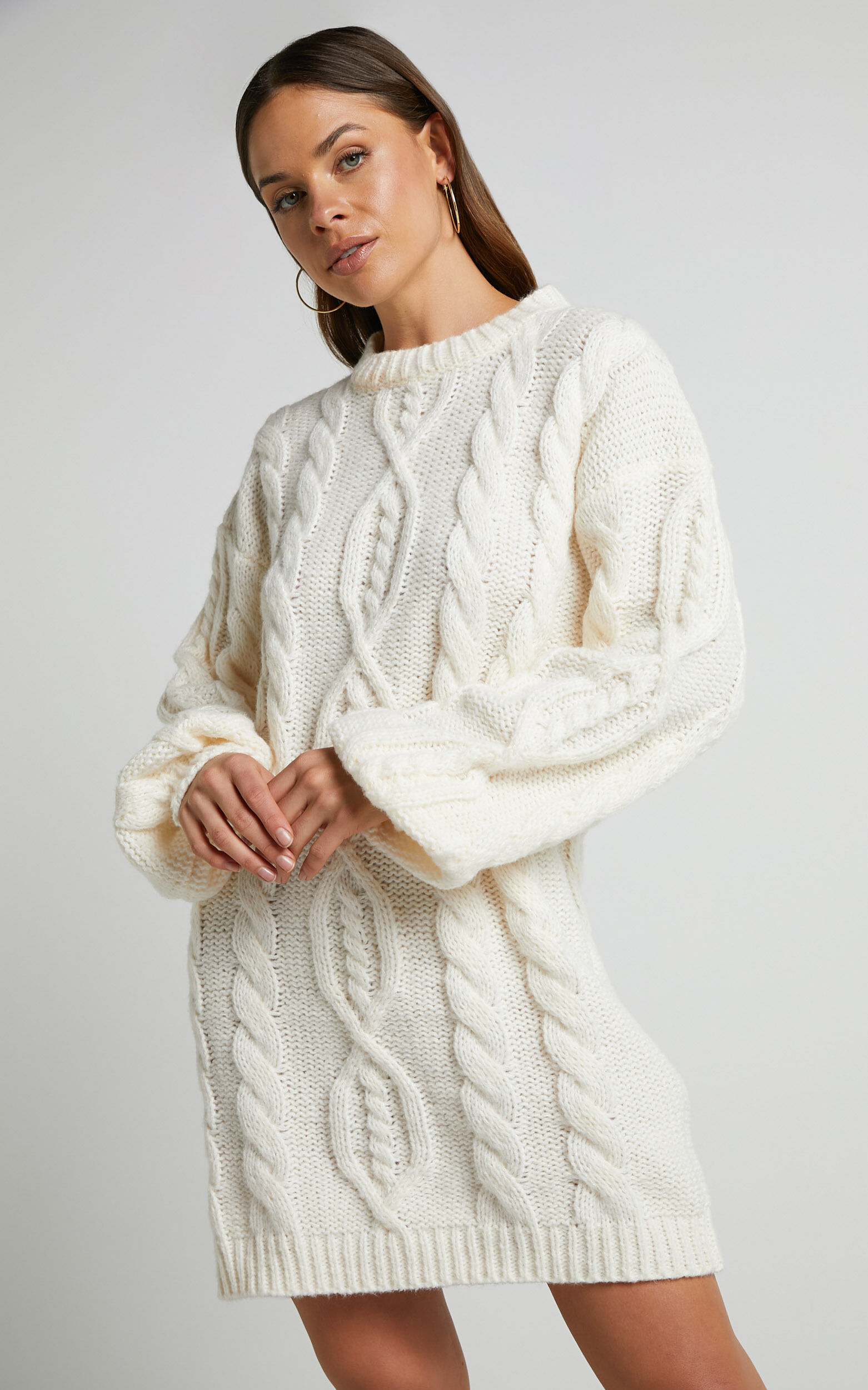 Deliah Mini Dress Cable Knit Sweater Dress in Cream