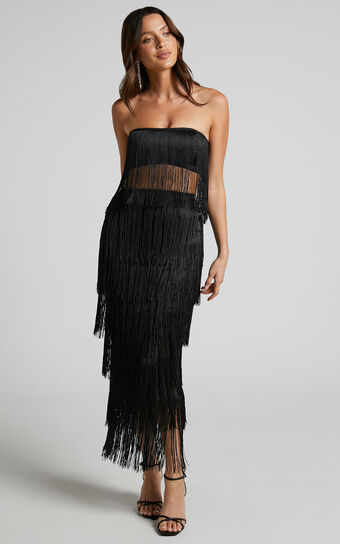 Amalee Two Piece Set  Fringe Strapless Crop Top and Midi Skirt