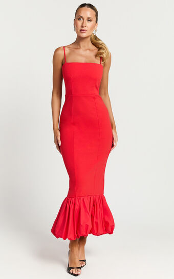 Yvonne Midi Dress - Straight Neck Fit and Flare Dress in Red