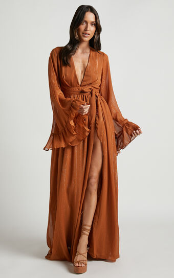 Dangerous Woman Maxi Dress - Plunge Thigh Split Dress in Rust