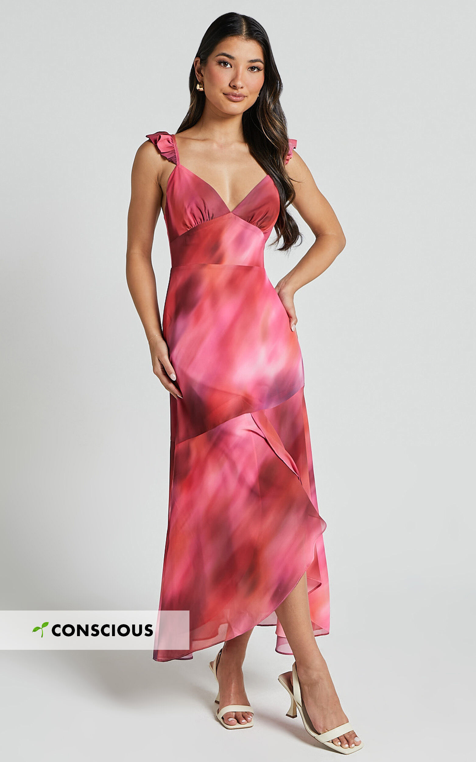 Gillian Midi Dress - Flutter Sleeve Low Back Ruffle Detail Dress in Blushing Haze - 06, PNK1