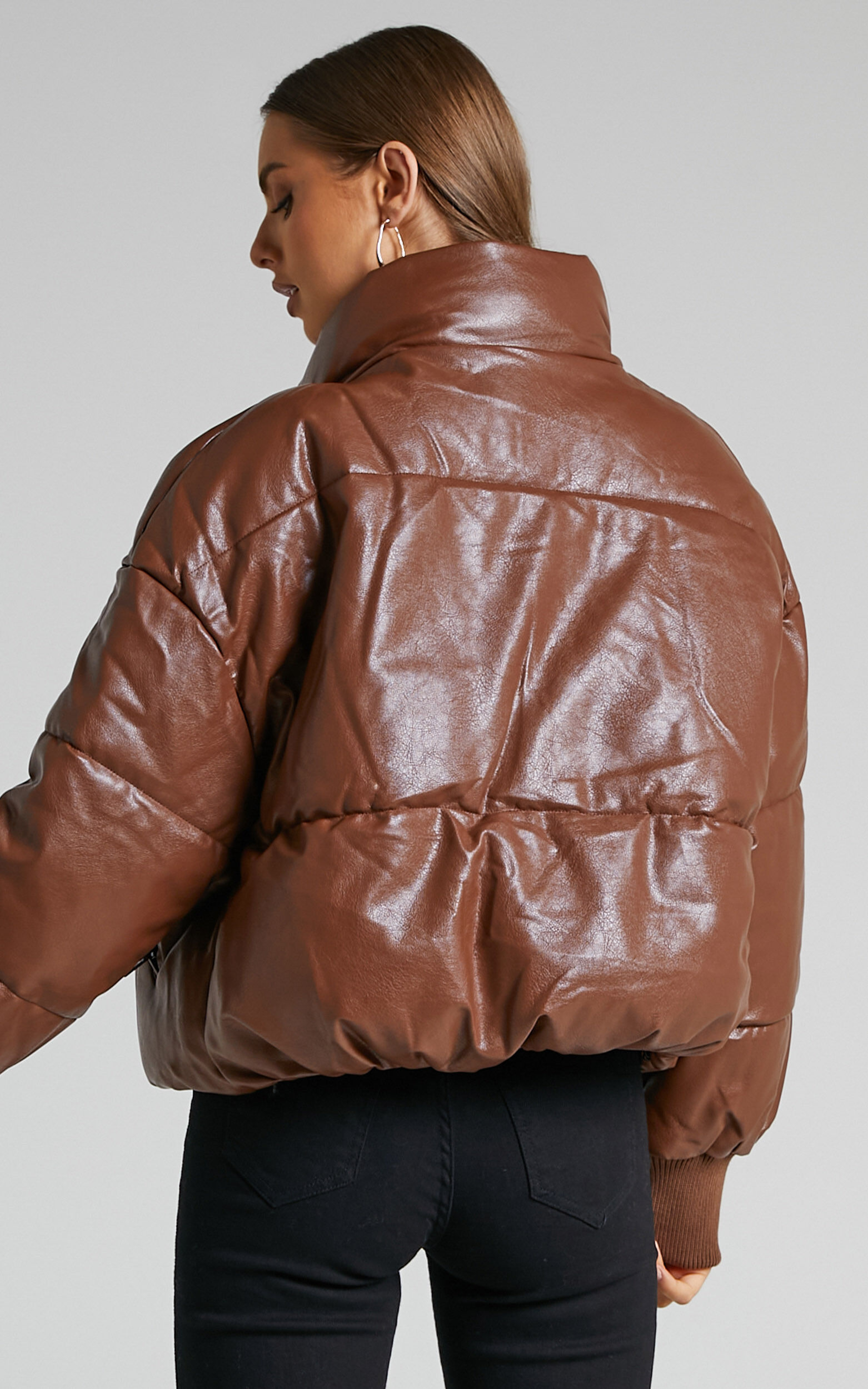 brown leather puffer jacket
