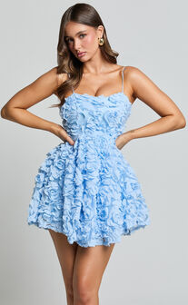 Alvia Mini Dress - 3d Flower Full Skirt Dress in Soft Blue