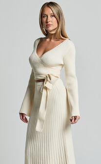 Andreia Midi Dress - Knitted Wrap Long Sleeve Dress in Cream
