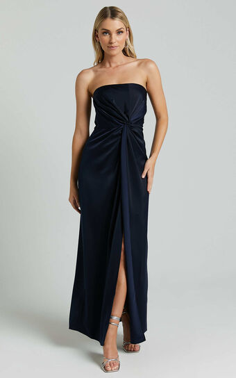 Hathaway Maxi Dress - Strapless Straight Neck Twist Front Split in Navy