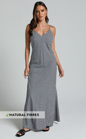 Thraia Midi Dress - Strappy Plunge Slip Dress in Black and White Check