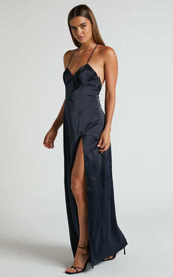 Sabattus Midi Dress - Cut Out T Back Satin Dress in Navy