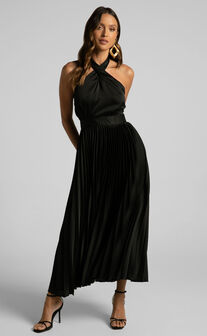 Eloise Midi Dress - Halter Neck Pleated Dress in Black
