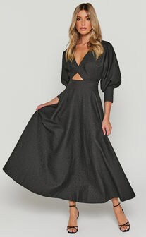 Ashtina Midi Dress - V Neck Cut Out Puff Sleeve Dress in Black