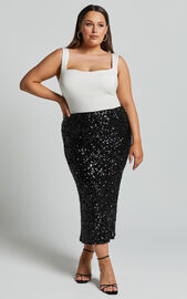 Hasley Midi Skirt - Sequin Bodycon Skirt in Black | Showpo USA