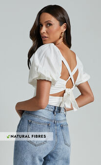 Liliosa Top - Square Neck Tie Back Puff Sleeve Top in White