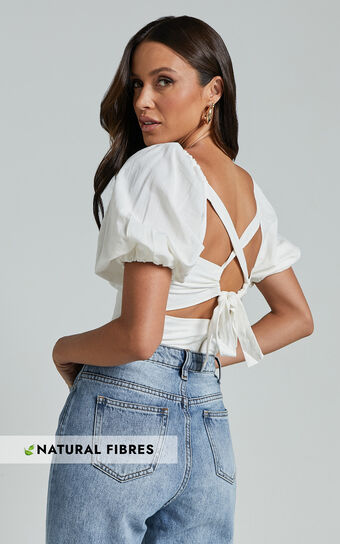 Liliosa Top - Square Neck Tie Back Puff Sleeve Top in White