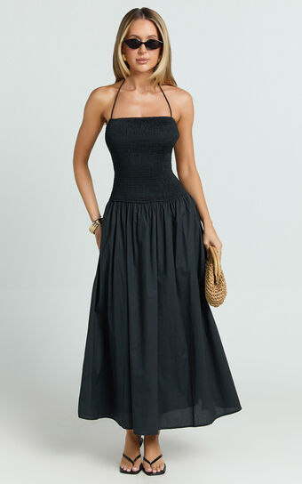 Lita Maxi Dress - Shirred Bodice Halter Dress in Black
