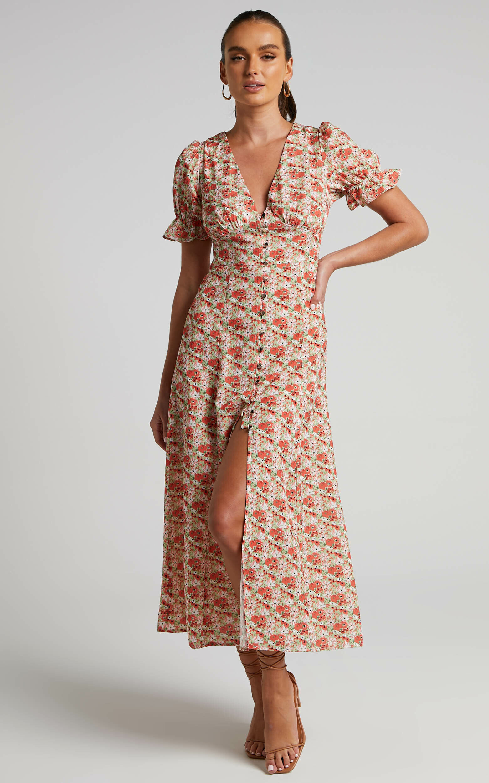 Adalina Midi Dress Short Puff Sleeve Button Down Dress in Pink
