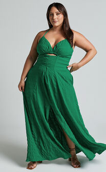 Marisse Maxi Dress - Cut Out Front Split Cross Back Textured Dress in Green