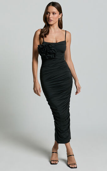 Scarlett Midi Dress - 3D Floral Corsage Ruched Bodycon Dress in Black Showpo
