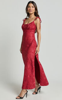 Romarie Maxi Dress - Tie Shoulder Backless Jacquard Dress in Red