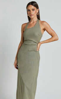 Lindley Midi Dress - Halter Neck Linen Look Dress in Olive