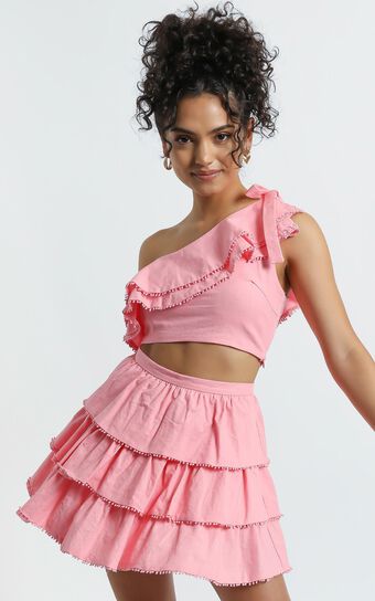 Rooftop SpritzTwo Piece Set - One Shoulder Ruffle Top and Mini Skirt Set in Light Pink Linen Look