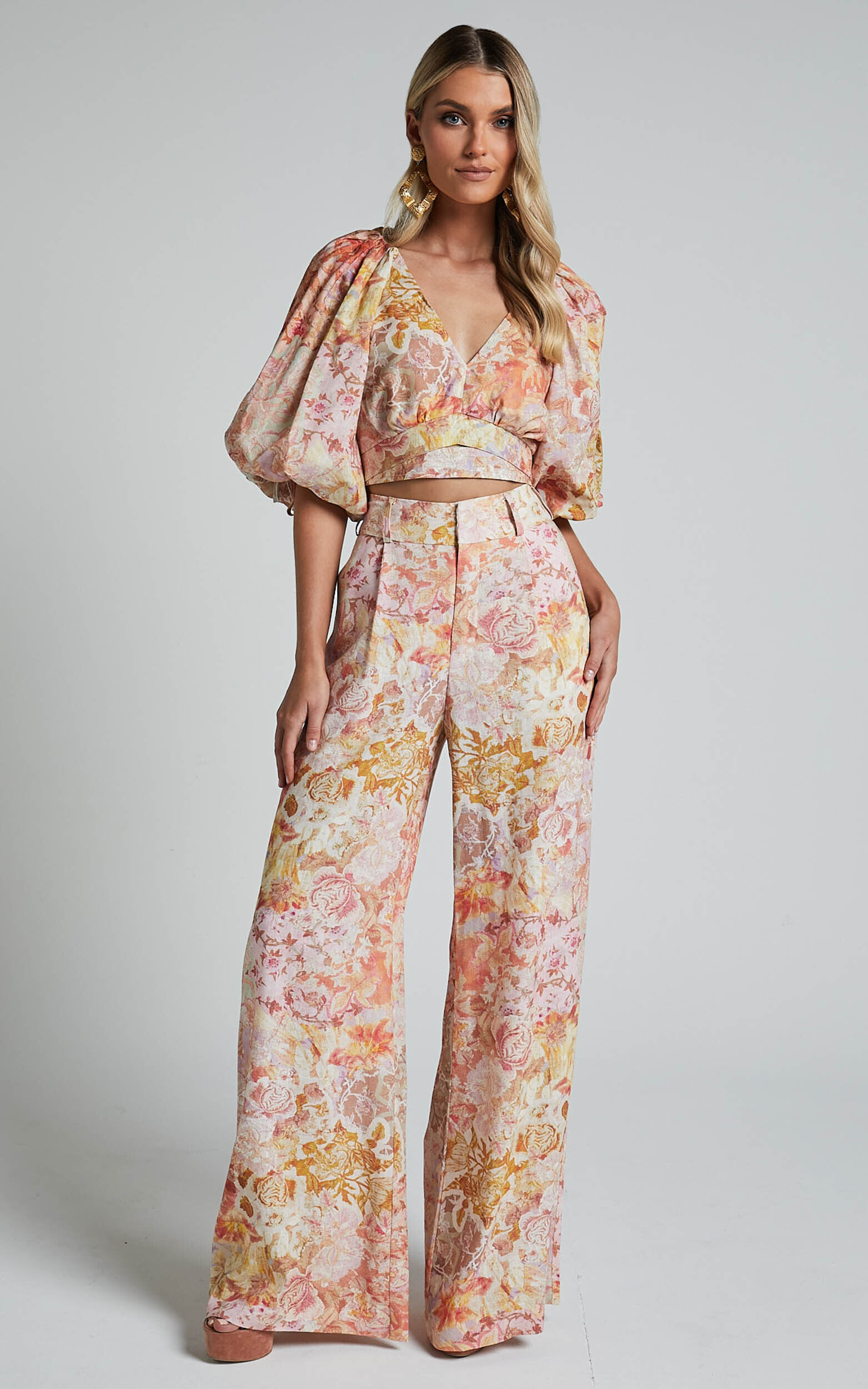 Amalie The Label - Aldina Linen Blend High Waisted Belted Straight Leg Pants in Morocco Print - 06, ORG1