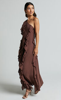 Britney Maxi Dress - One Shoulder Ruffle Detail Dress in Chocolate