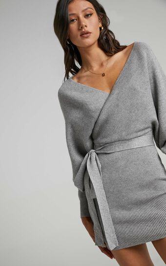 Don't Fall Down Mini Dress - Long Sleeve Knit Dress in Grey