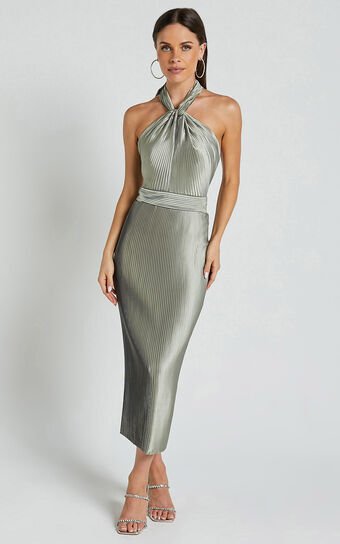 Marlette Midi Dress - Pleated Open Back Halter Dress in Sage