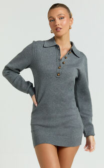 Jolene Mini Dress - Long Sleeve Knitted Polo Dress in Dark Grey