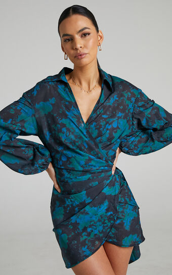 Mirski Mini Dress - Balloon Sleeve Wrap Dress in Jewel Blur