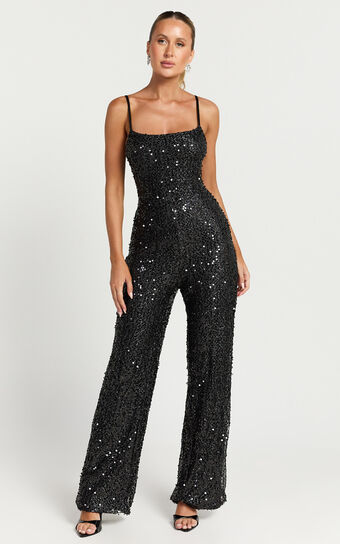 Carlie Jumpsuit - Straight Neck Strappy Sequin in Black