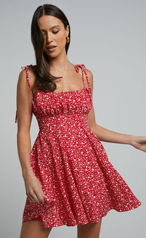 Summer Jam Mini Dress - Strappy Slip Dress in Red Floral Print