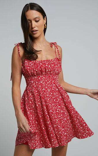 Summer Jam Mini Dress  Strappy Slip in Red Floral Print
