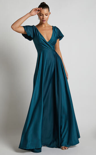 Bridgette Midi Dress - Flutter Sleeve V-Neck Wrap Dress in Emerald