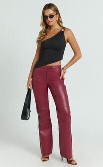 Marzia Pants - Faux Leather Mid Waisted Straight Leg Pants in Wine