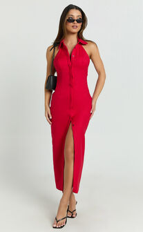 Lillibelle Midi Dress - Collared Button Down Bodycon Dress in Red