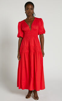 Mellie Midi Dress - Puff Sleeve Plunge Tiered Dress in Cherry Tomato