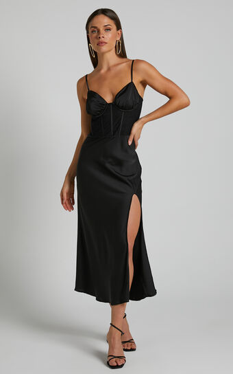 Khallah Midi Dress - Lace Bustier Side Split Dress in Black