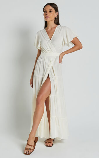 Geneva Midi Dress - Short Flutter Sleeve Wrap Dress in Off White Showpo