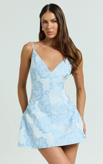 Gianni Mini Dress -  Plunge A Line Low Back Dress in Light Blue