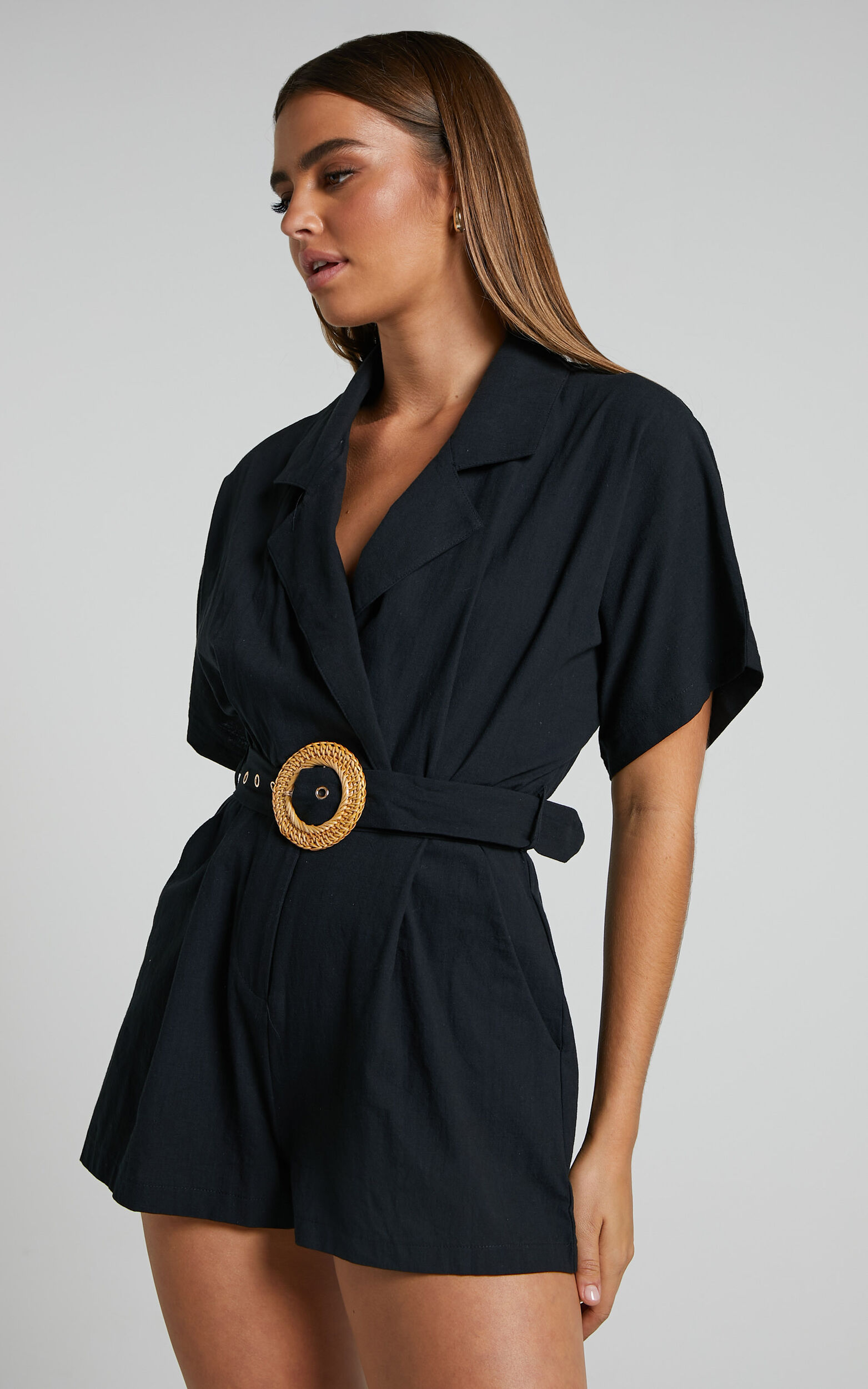 Thaisa Playsuit - Short Sleeve Collared Belted Playsuit in Black - 04, BLK2