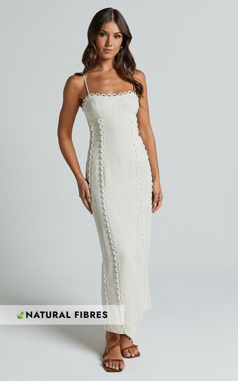 Josella Midi Dress - Strappy Linen Look Column Dress in Beige