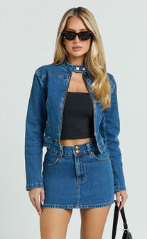 Pamela Jacket - Denim Biker Detail Long Sleeve Jacket in Dark Blue Wash