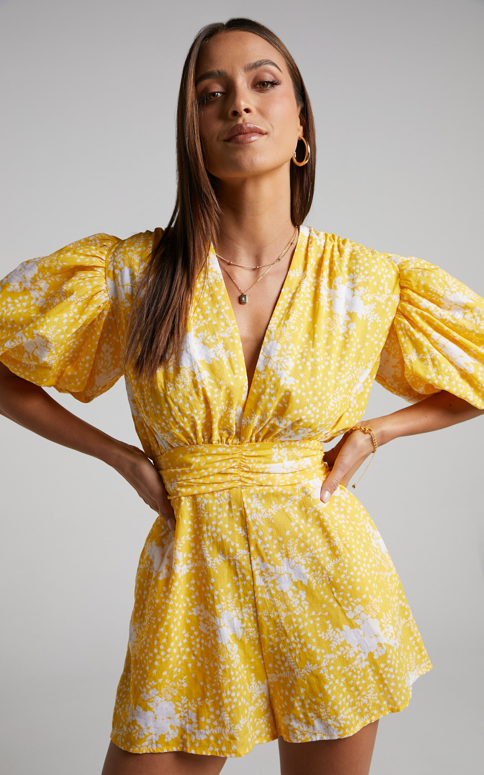 Ailiza Playsuit - V Neck Puff Sleeve Playsuit in Yellow Floral - 04, YEL1