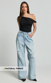 Cate Jeans - Baggy High Waist Ripped Wide Leg Recycled Denim Jeans in Light Blue Wash