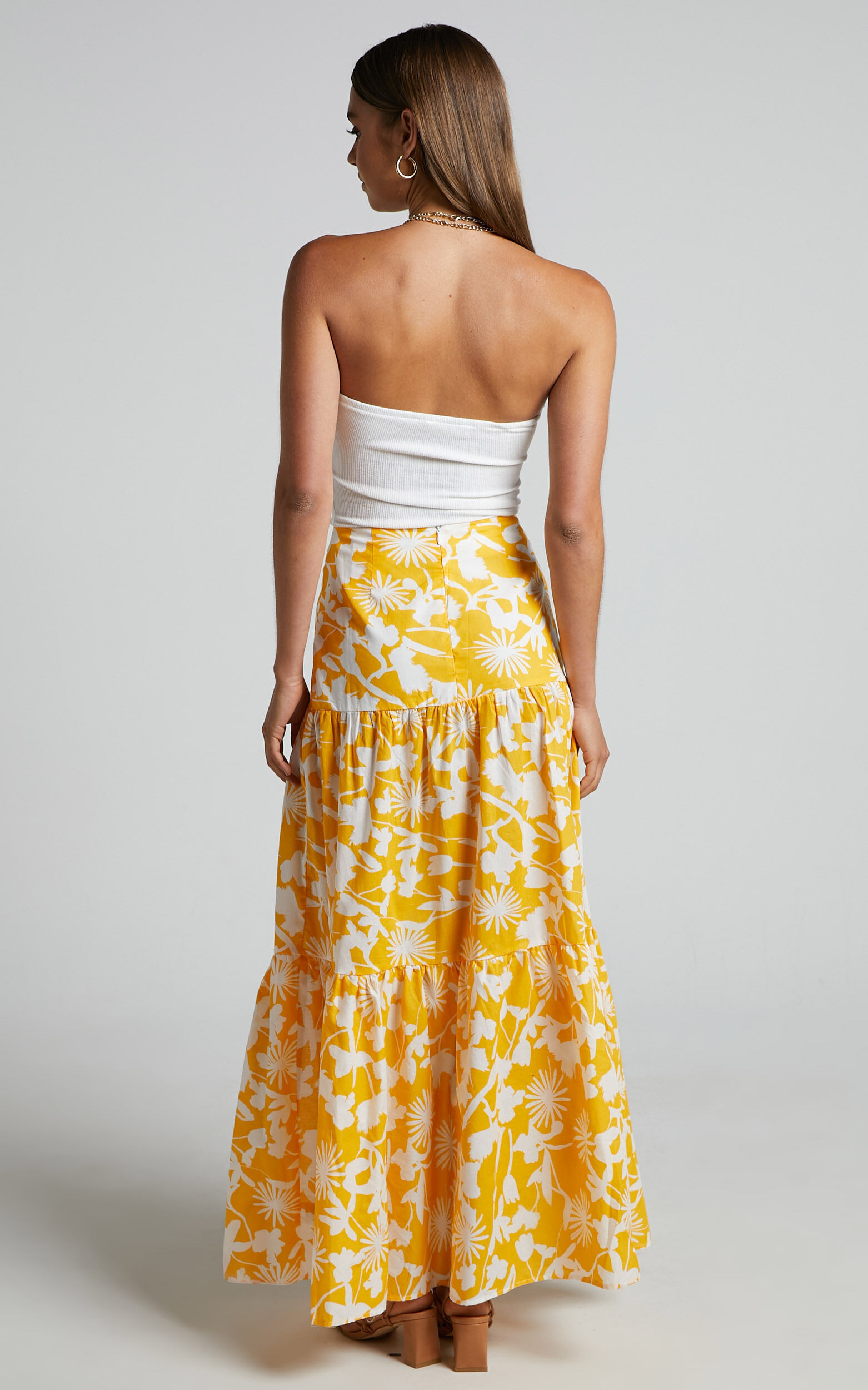 Evita Midi Skirt Drop Waist Thigh Split Tiered Skirt in Yellow Floral