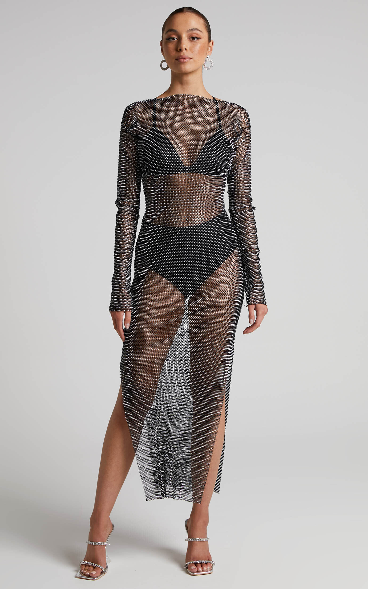 Katerina Midi Dress - Long Sleeve Split Diamante Mesh Dress